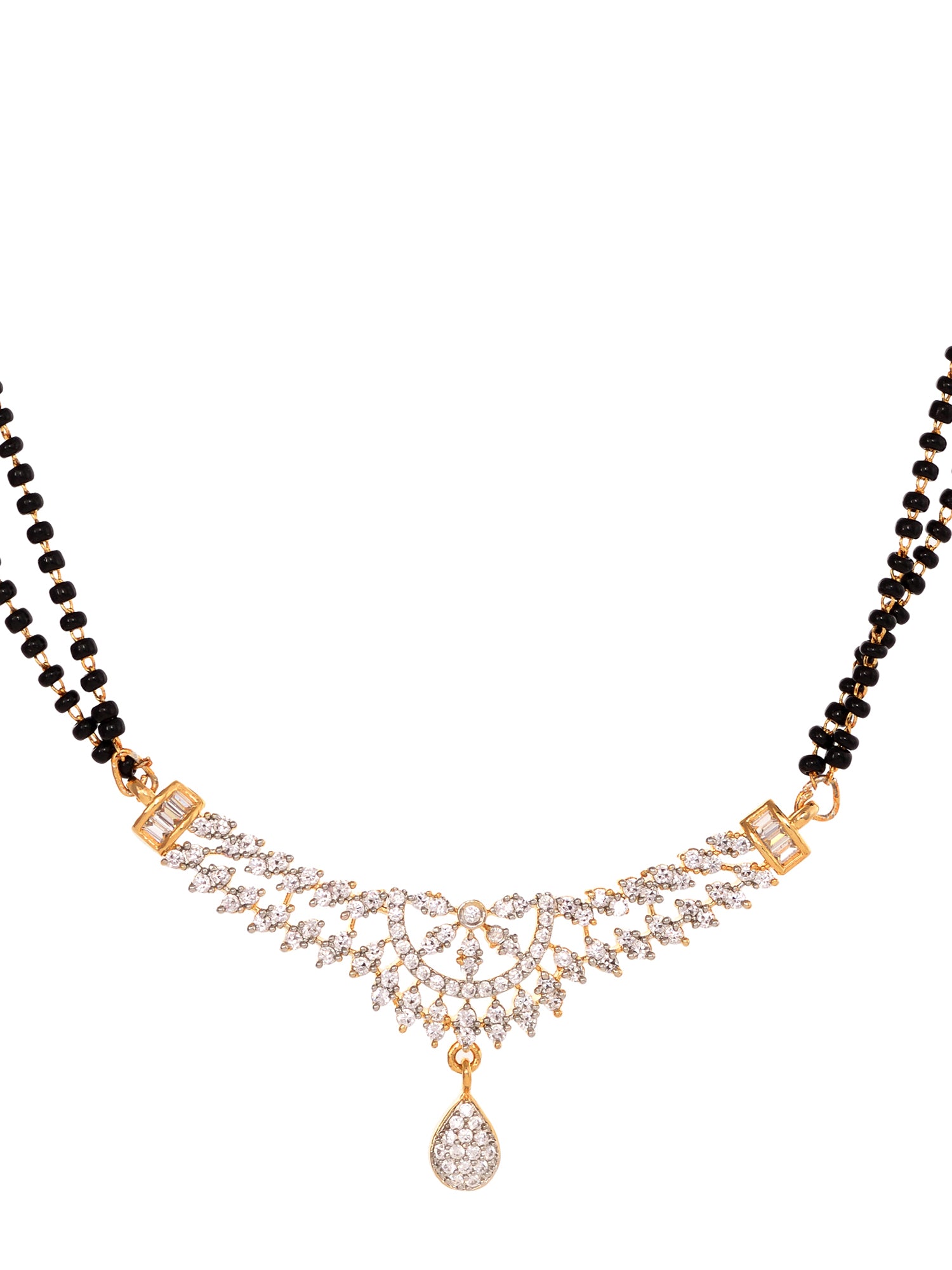 Gold Plated Black & White AD Studded & Beaded Mangalsutra Matching Earrings