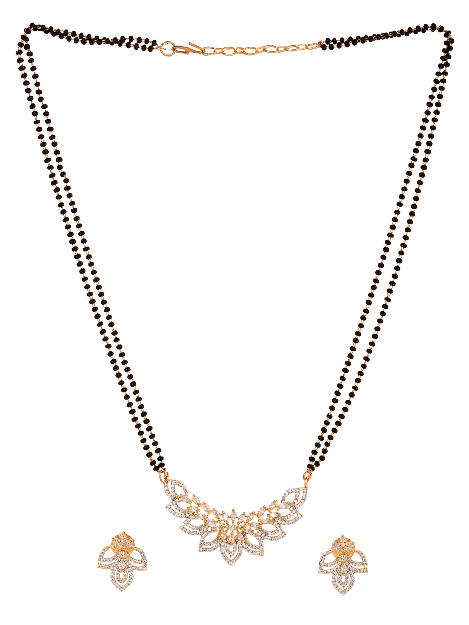 Gold Plated Black & White AD Studded & Beaded Mangalsutra Earrings