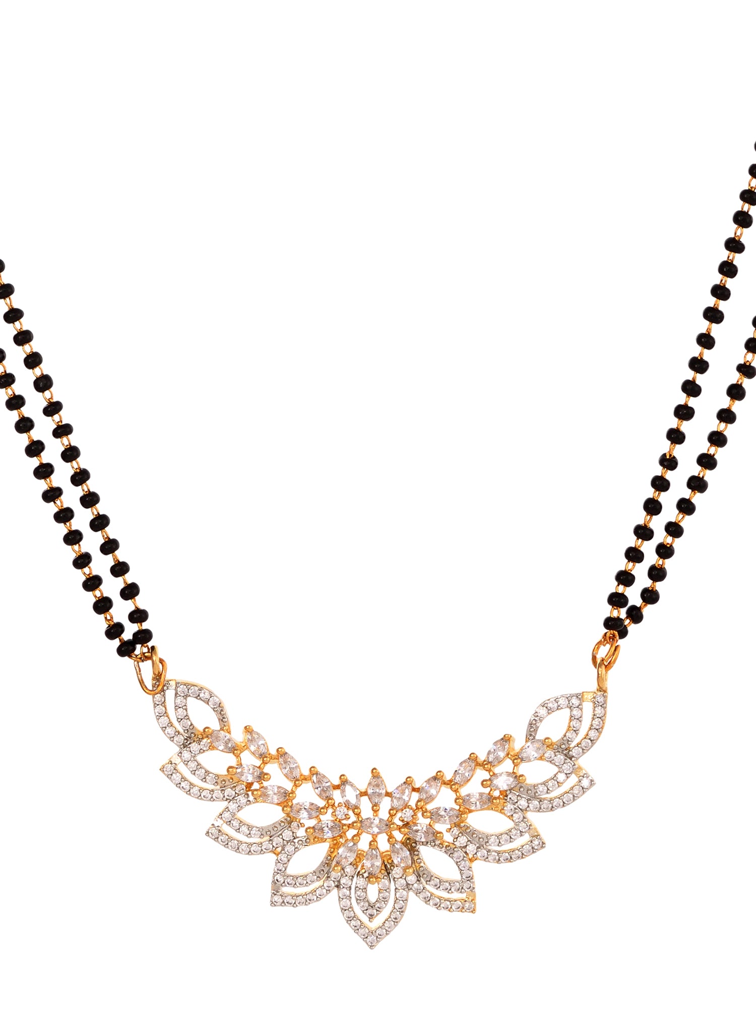 Gold Plated Black & White AD Studded & Beaded Mangalsutra Earrings