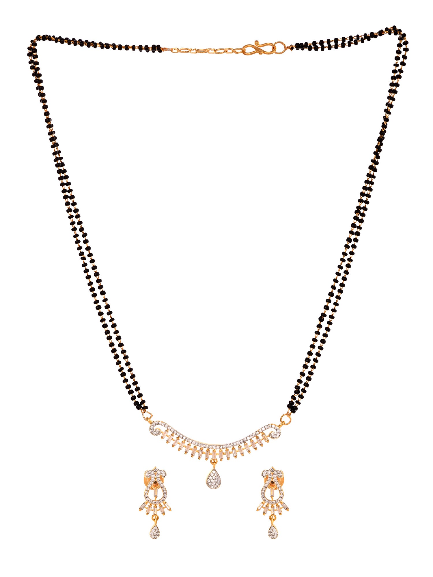 Gold Plated Black & White AD Studded & Beaded Mangalsutra Earrings