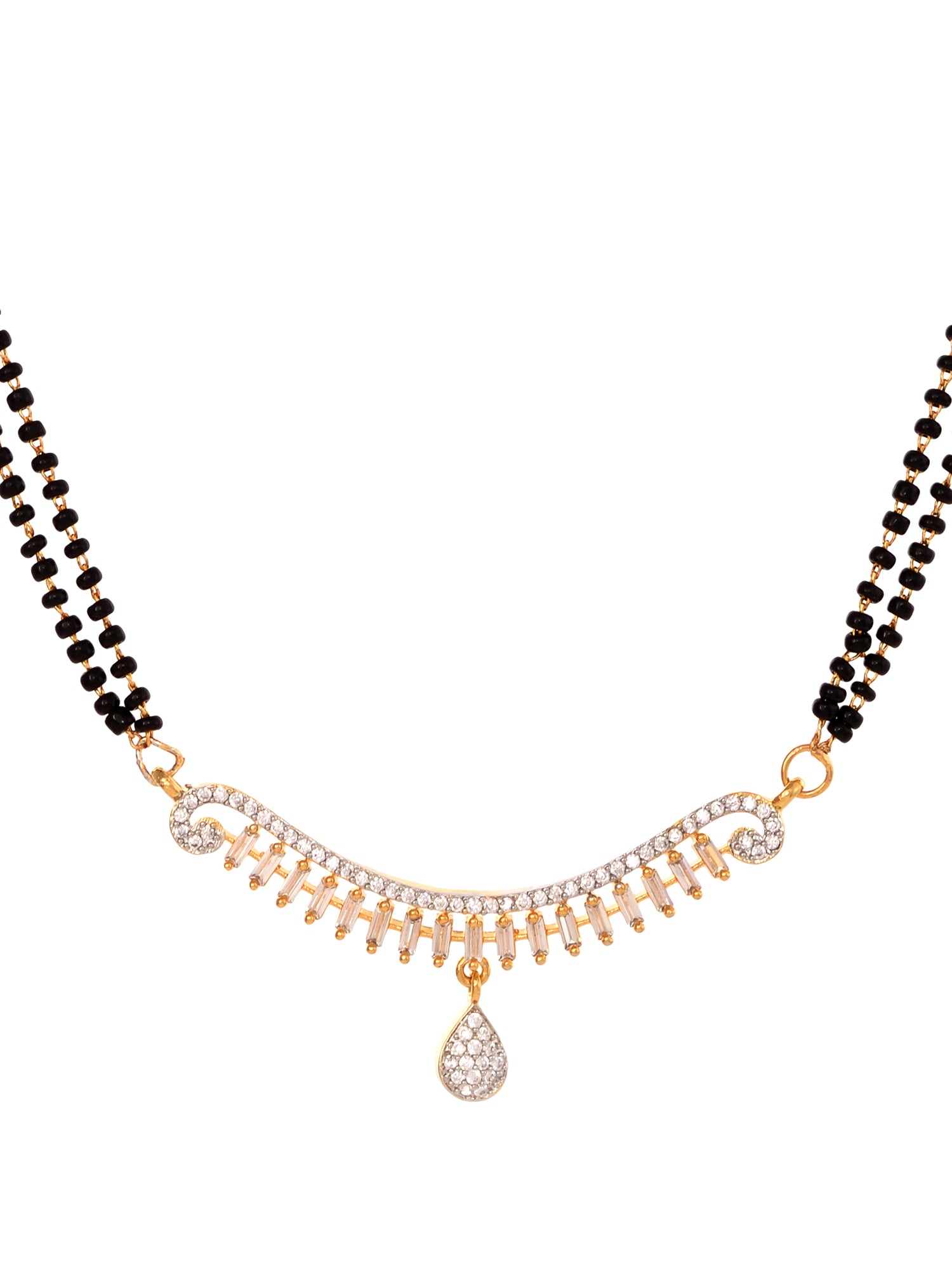 Gold Plated Black & White AD Studded & Beaded Mangalsutra Earrings