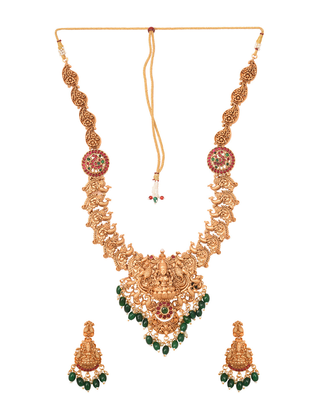 Gold Plated Multi stone studded Handcrafted Exquisite Lakshmi ji & Peaacock Design Temple Jewellery Set