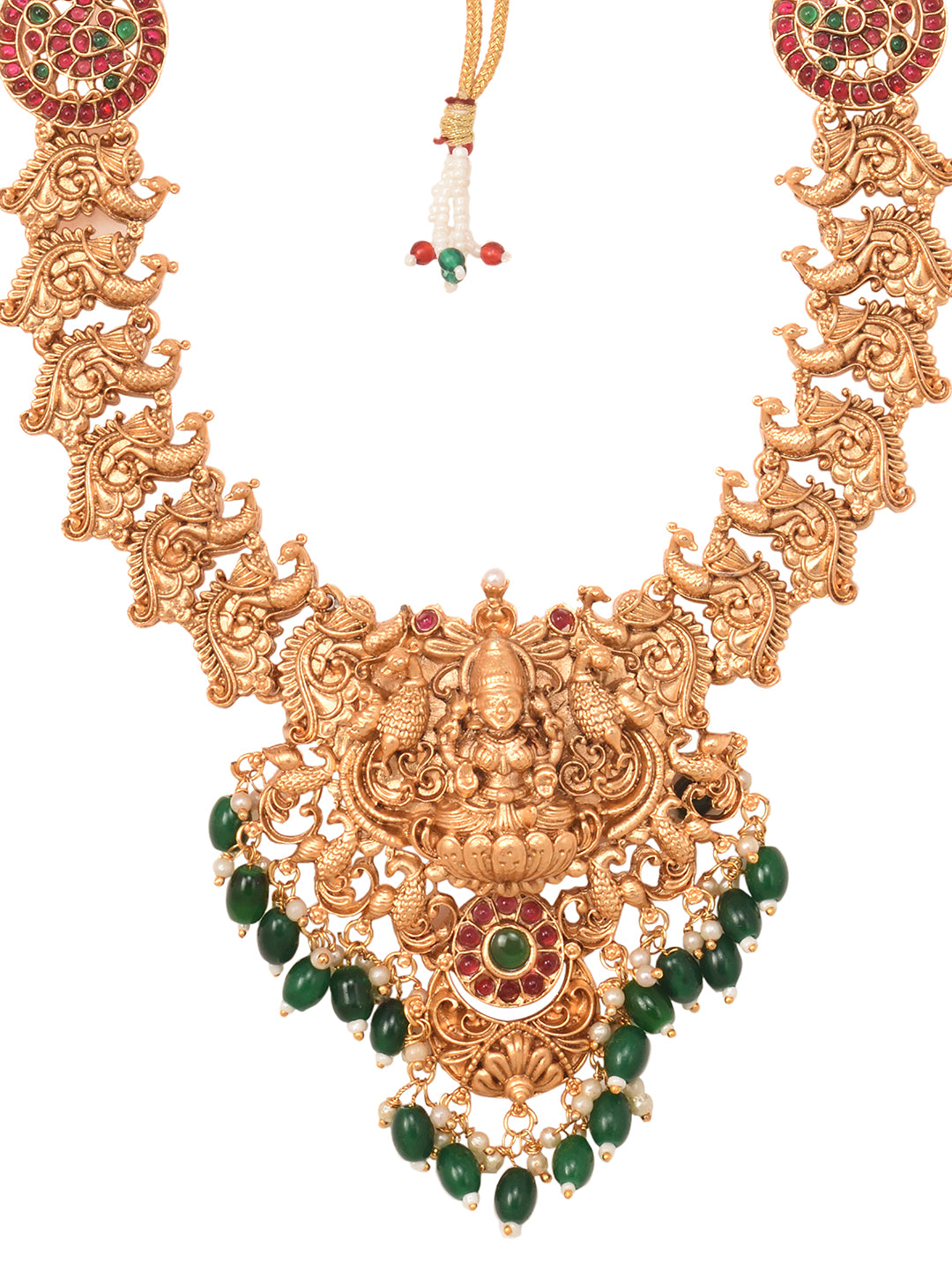 Gold Plated Multi stone studded Handcrafted Exquisite Lakshmi ji & Peaacock Design Temple Jewellery Set