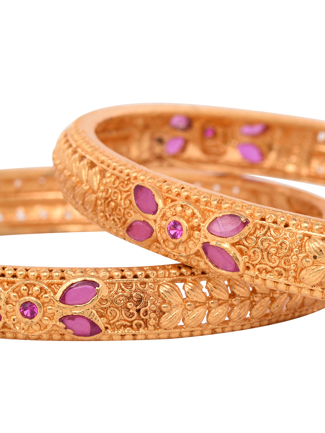 Set Of 2 Gold Plated Pink Colored Floral Filigree bangles