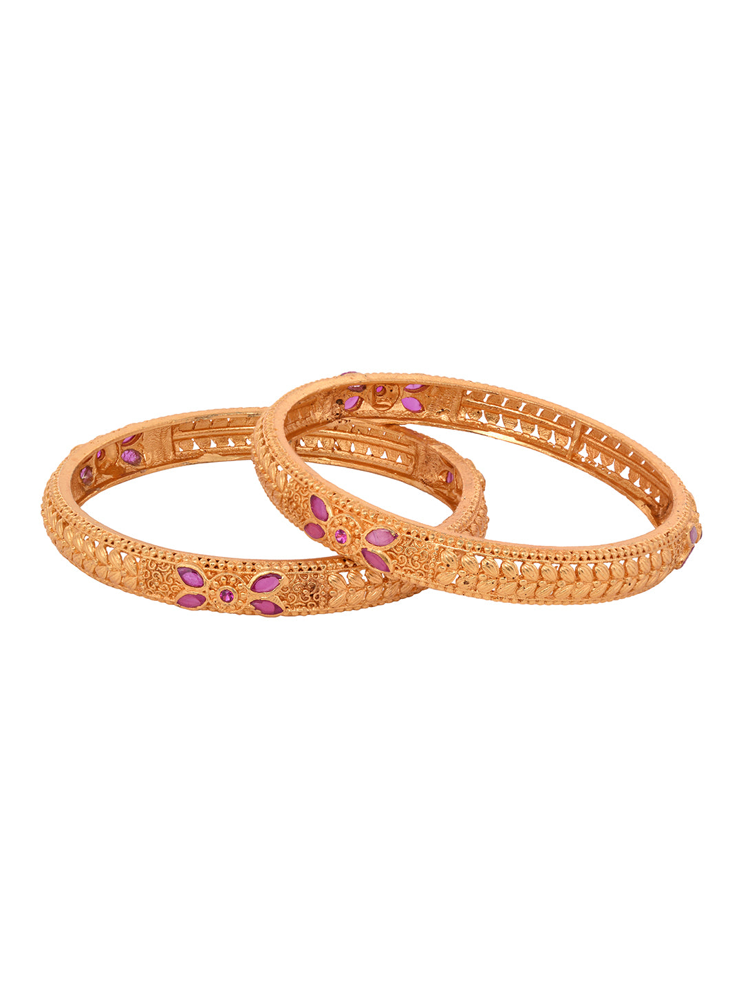Set Of 2 Gold Plated Pink Colored Floral Filigree bangles