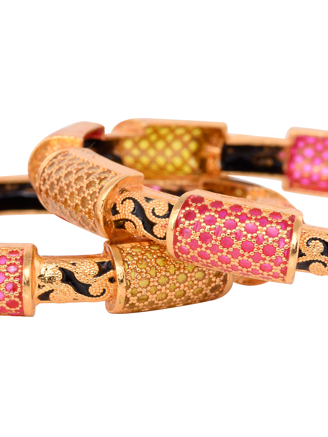 Set Of 2 Gold Toned Pink & Black Stone Studded Handcrafted Bangles