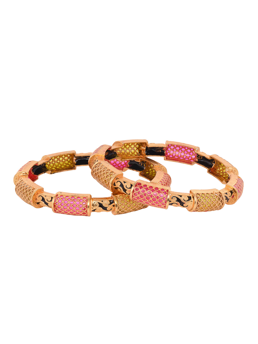Set Of 2 Gold Toned Pink & Black Stone Studded Handcrafted Bangles