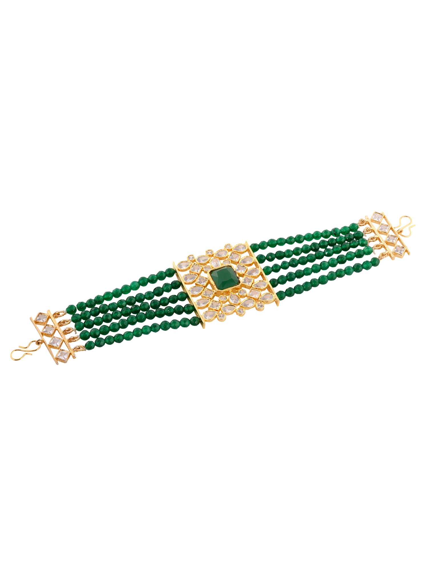Gold Plated White Polki Green Beads Wraparound Bracelet
