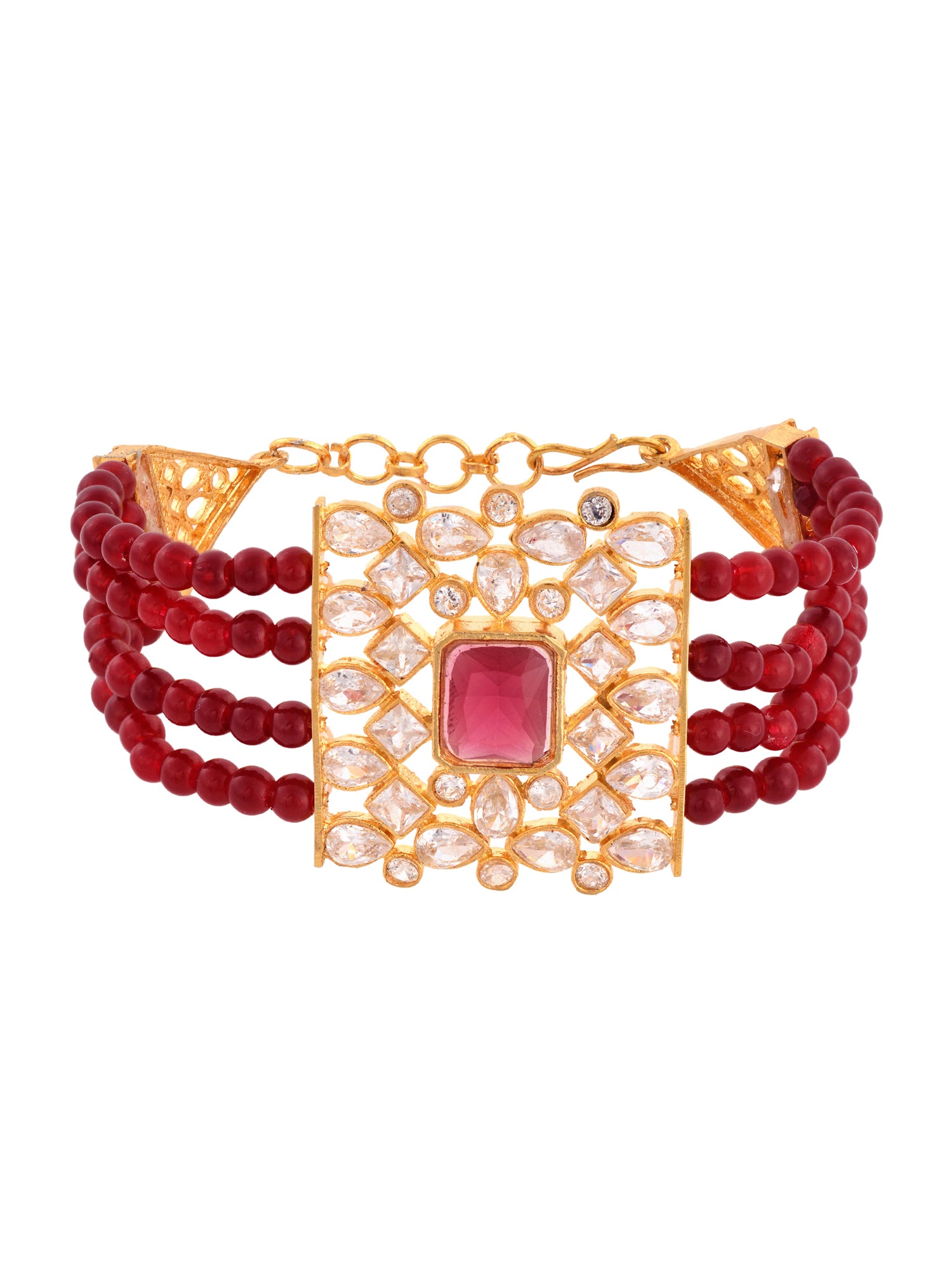 Gold Plated Red and White Polki Red Beads Wraparound bracelet