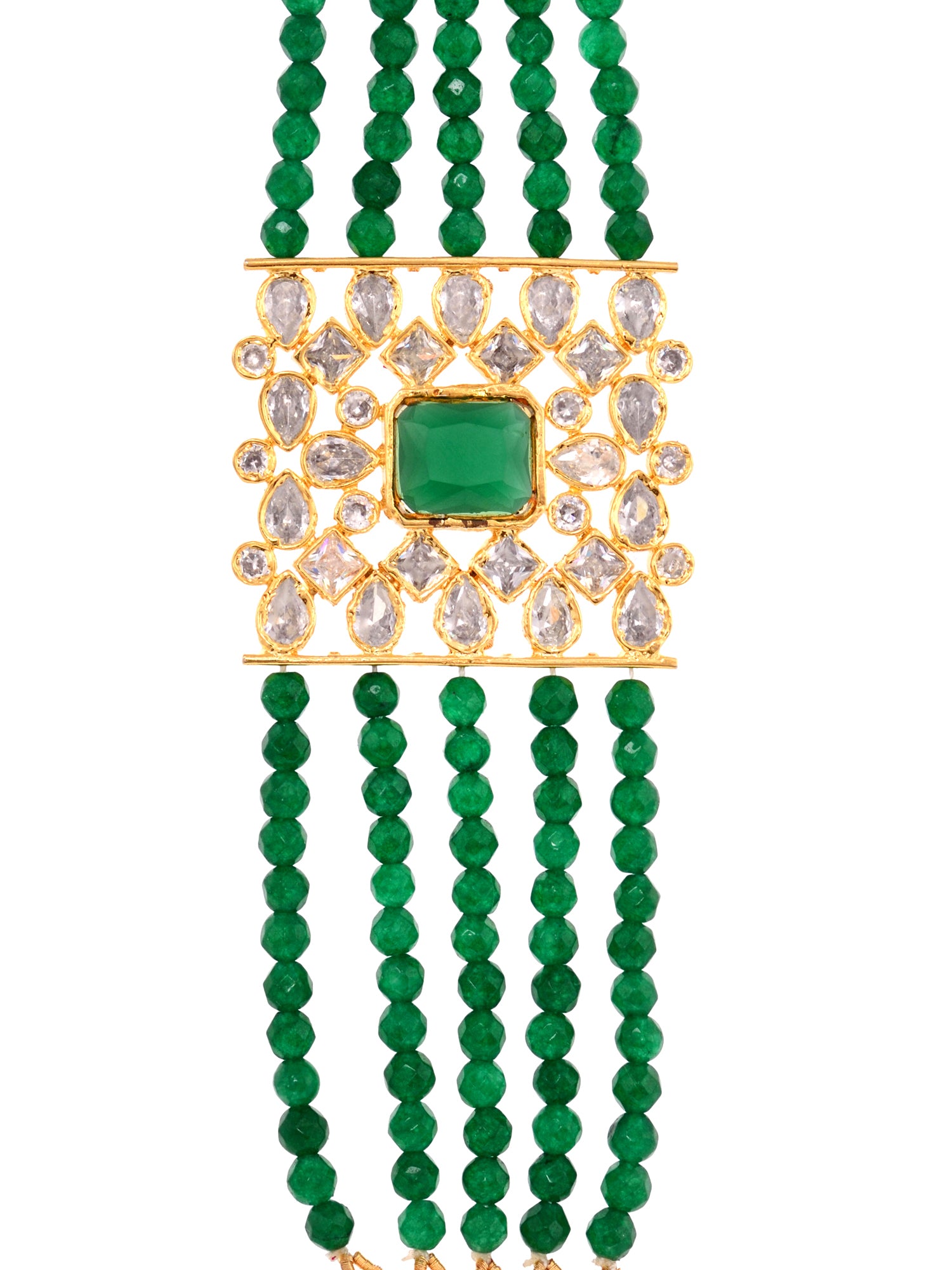 Gold Plated White Polki Green Beads Wraparound Bracelet