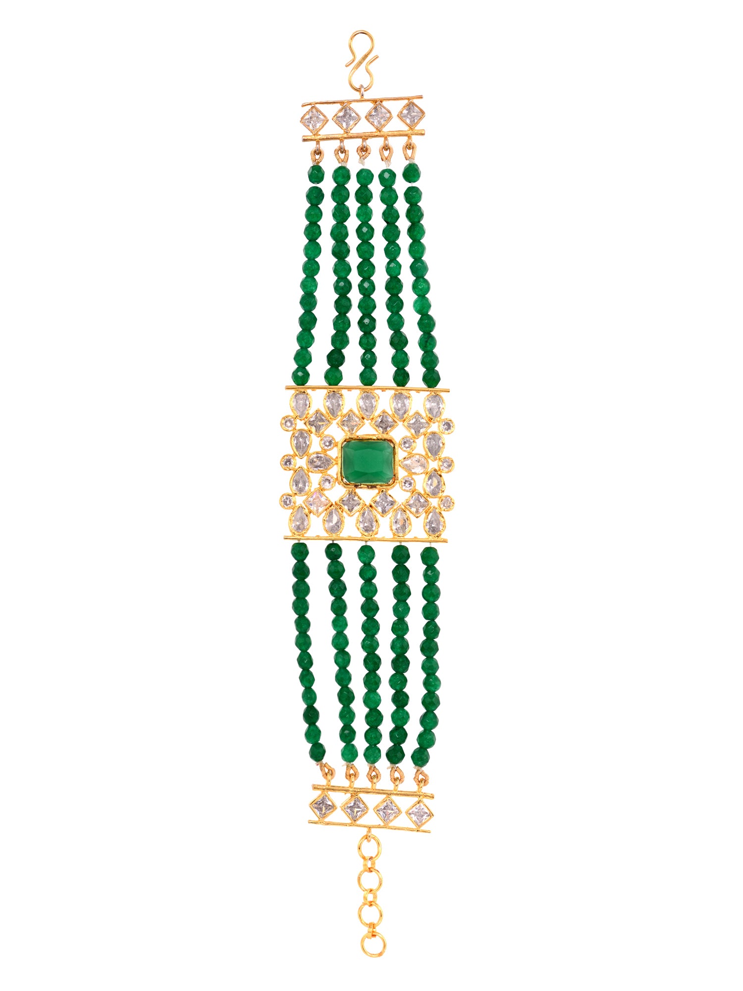Gold Plated White Polki Green Beads Wraparound Bracelet