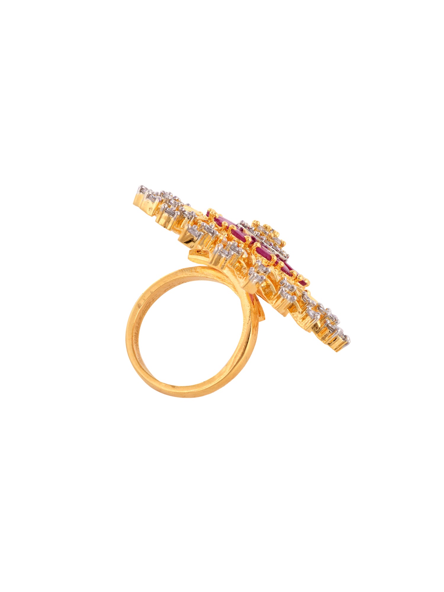 Gold Plated White & Red AD Studded Solar Cocktail Finger Ring