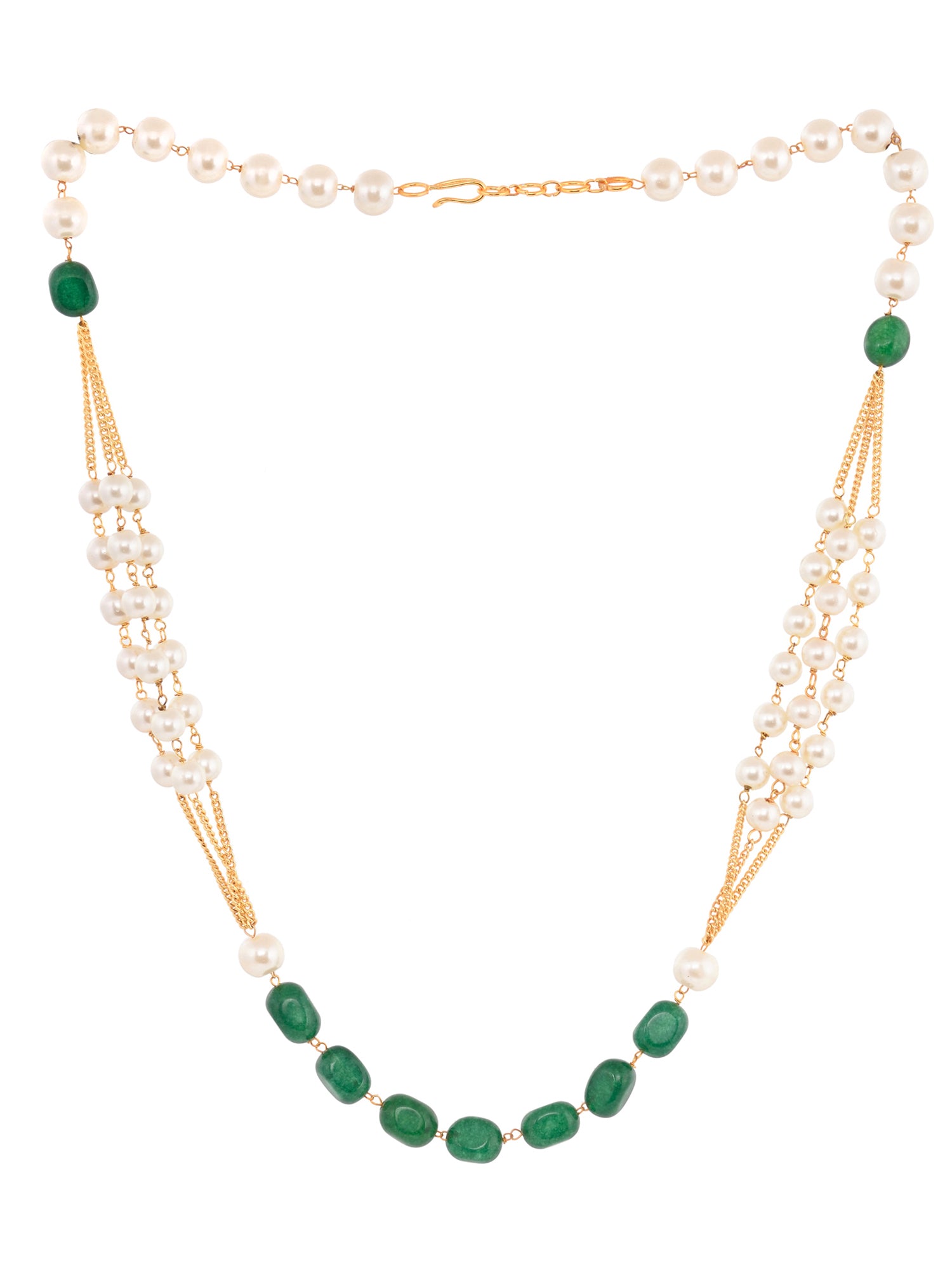 Gold Toned Multi Layered White & Green Pearls Beaded Mala Jewellery Set Earrings