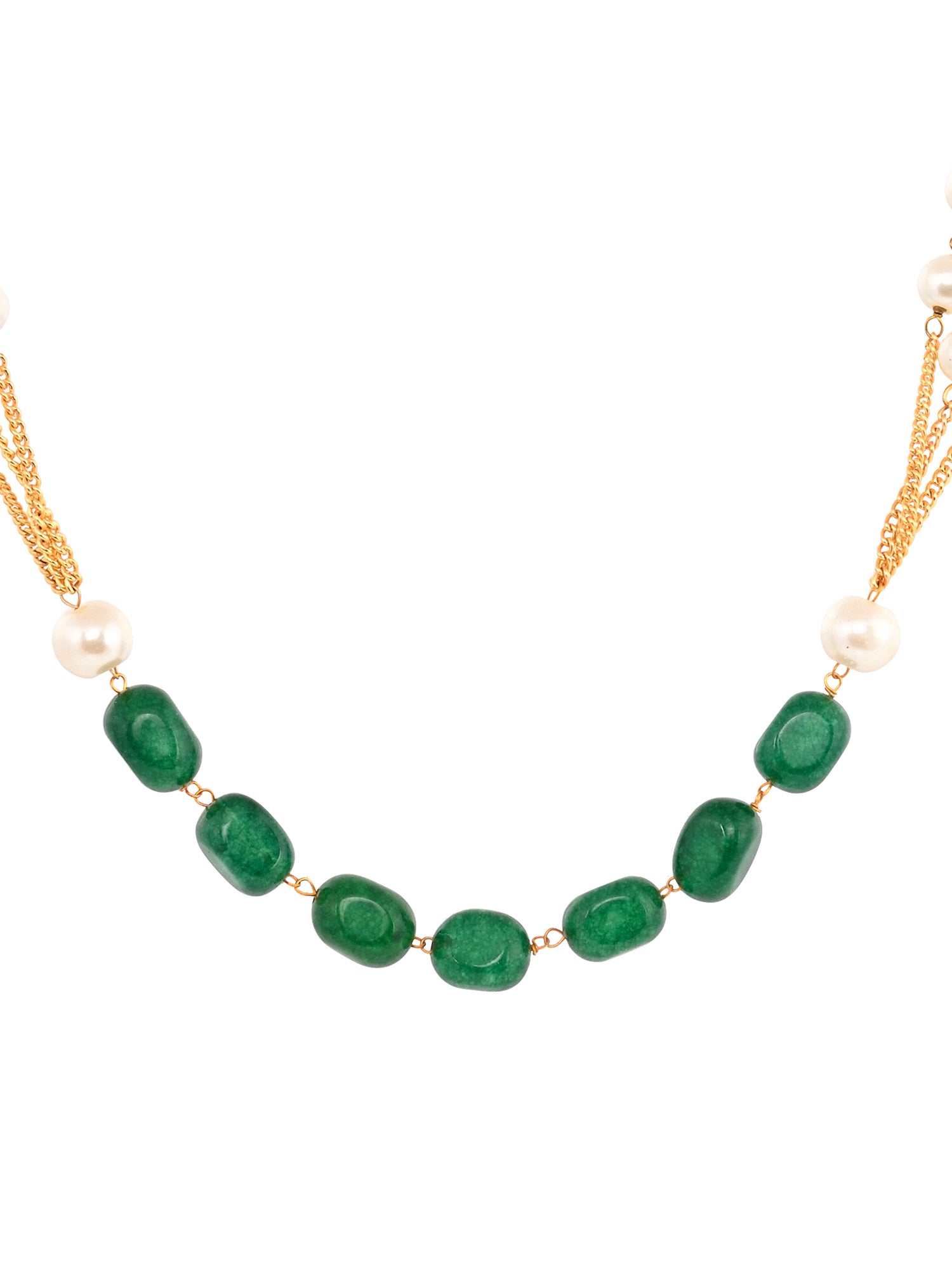 Gold Toned Multi Layered White & Green Pearls Beaded Mala Jewellery Set Earrings