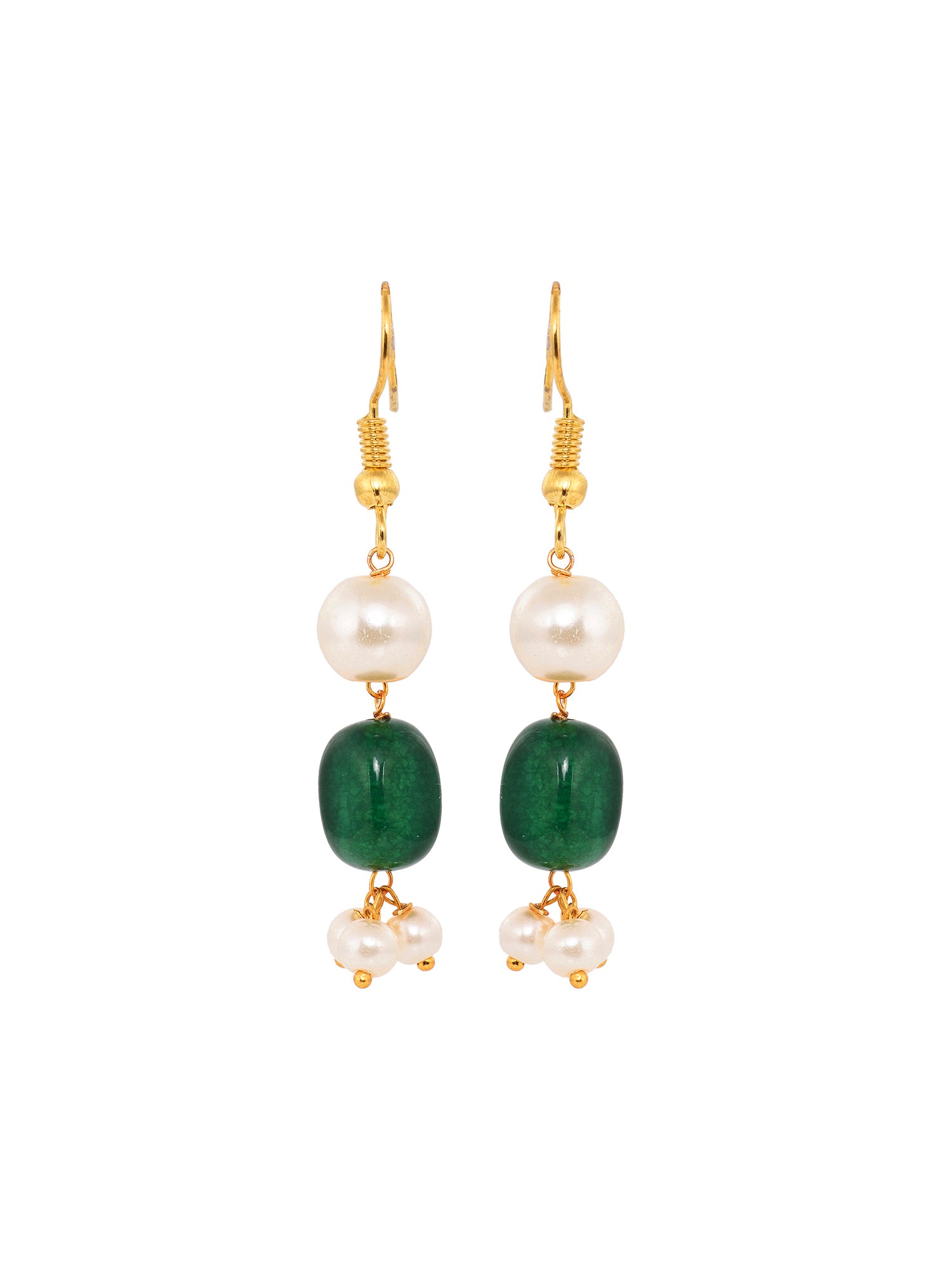 Gold Toned Multi Layered White & Green Pearls Beaded Mala Jewellery Set Earrings