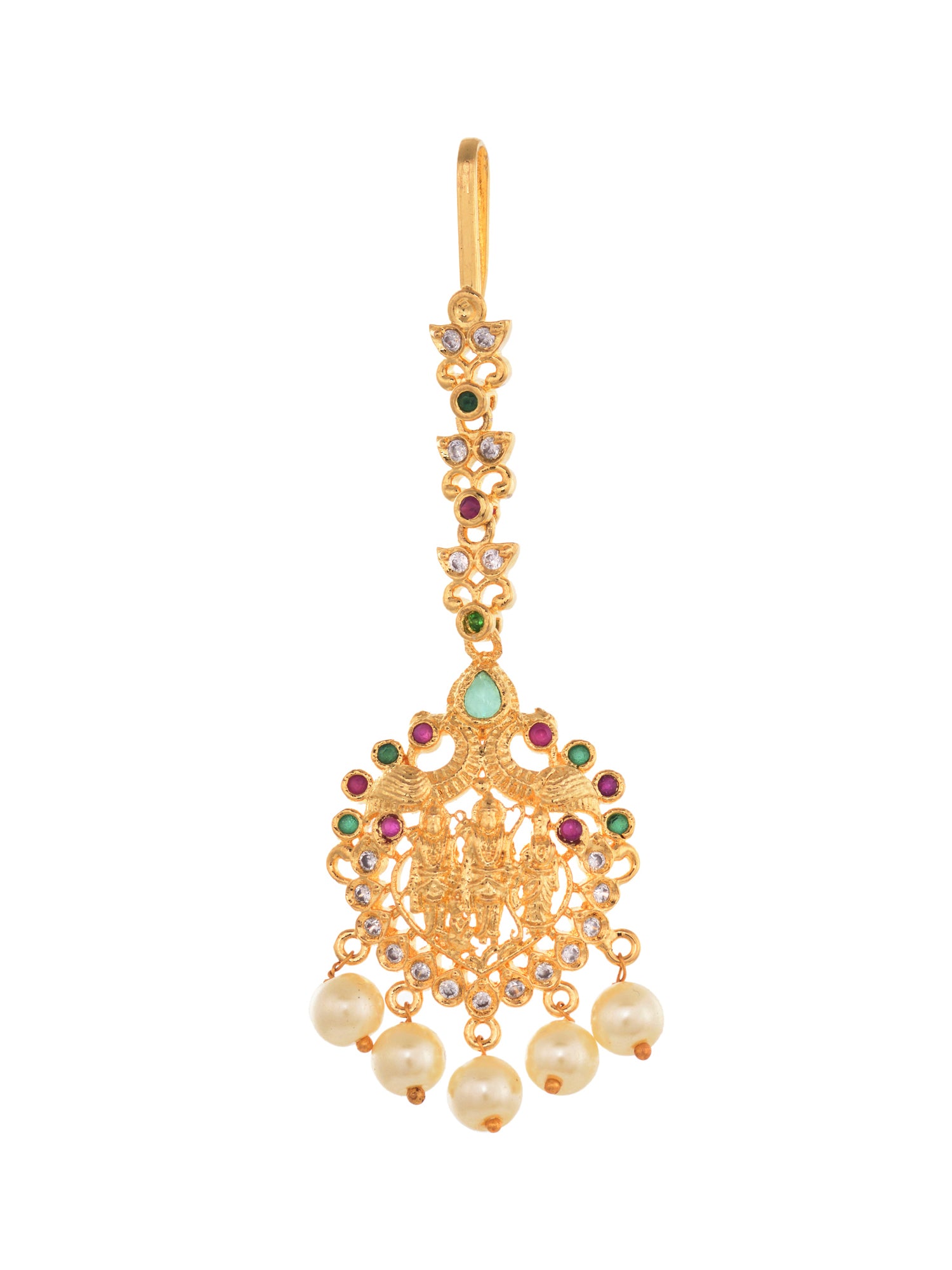 Gold Plated Red Green AD Studded Temple Antique Mangtikka