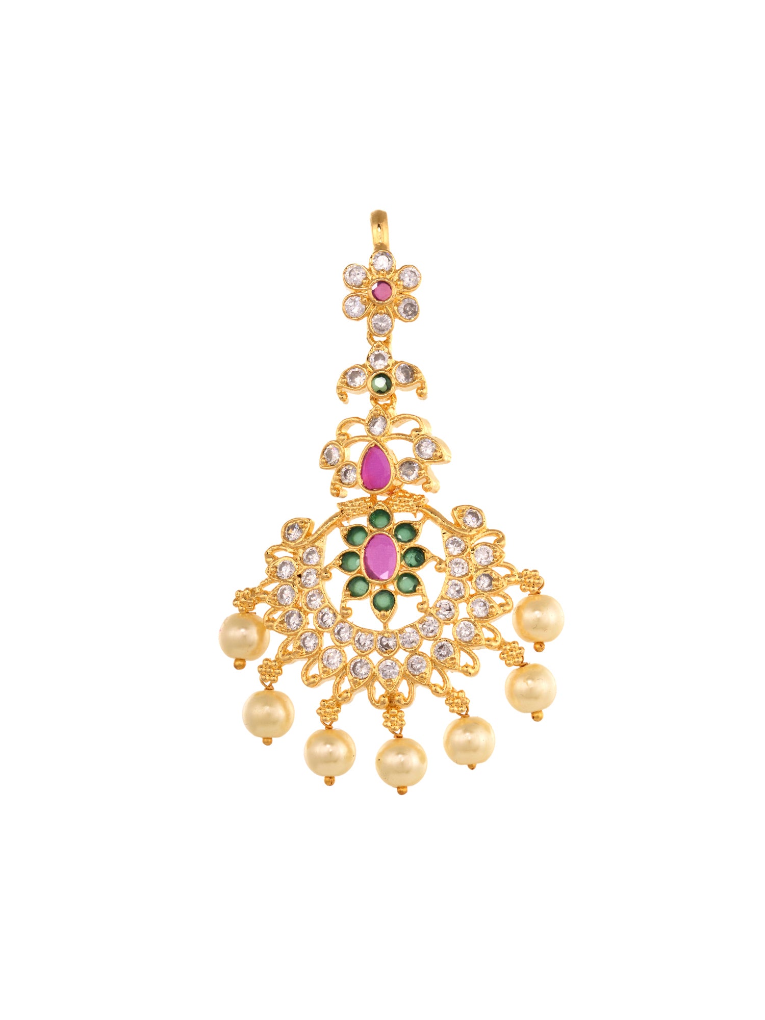Gold Plated Red & Green AD Studded Pearl Beaded Temple Floral Mangtikka