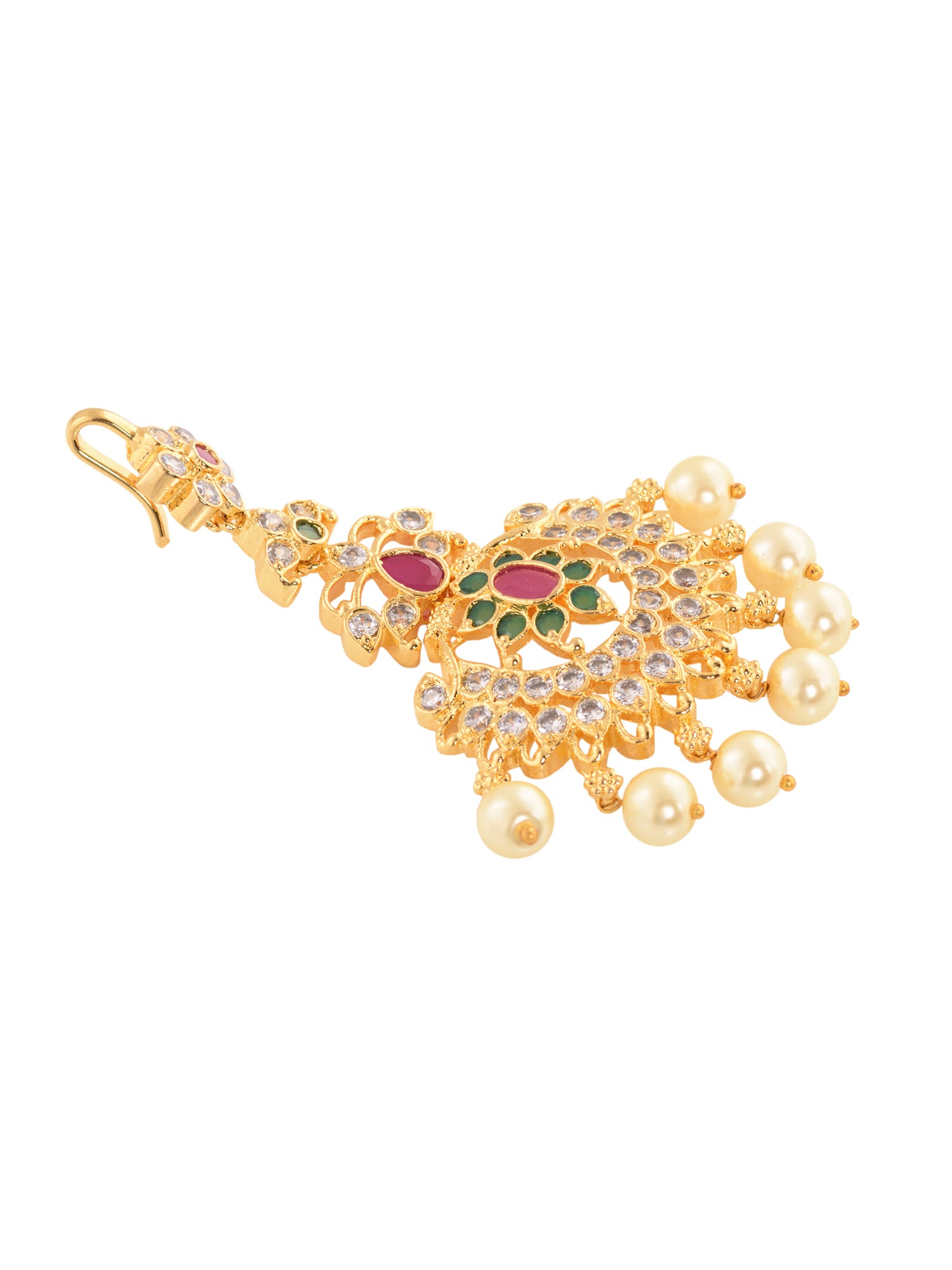 Gold Plated Red & Green AD Studded Pearl Beaded Temple Floral Mangtikka