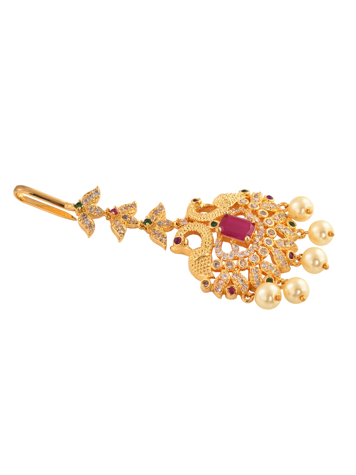 Gold Plated Red AD Studded Pearl Beaded Peacock Mangtikka