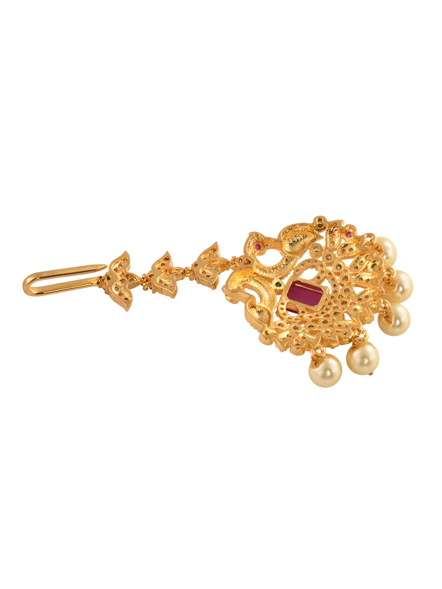 Gold Plated Red AD Studded Pearl Beaded Peacock Mangtikka