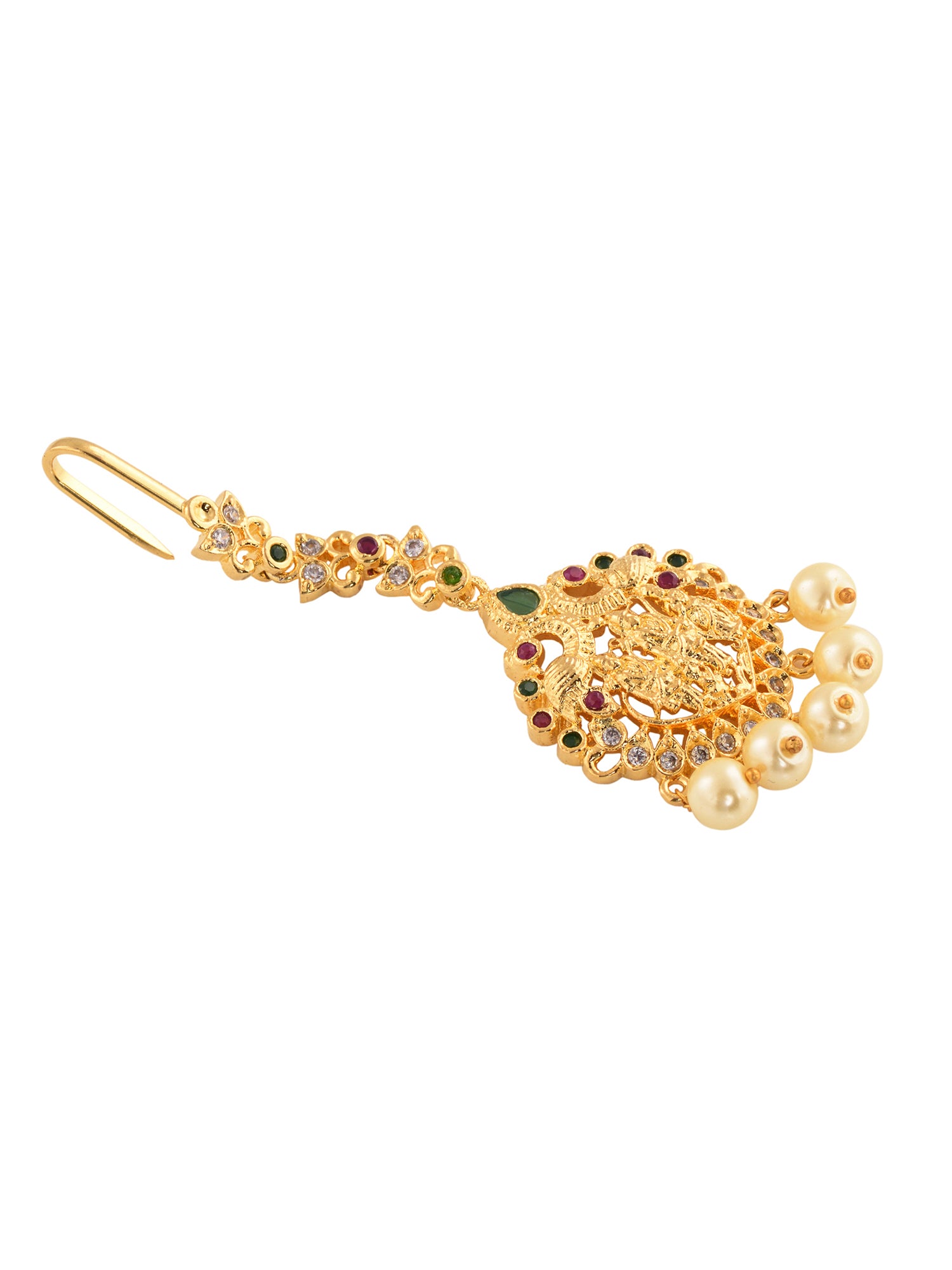 Gold Plated Red Green AD Studded Temple Antique Mangtikka