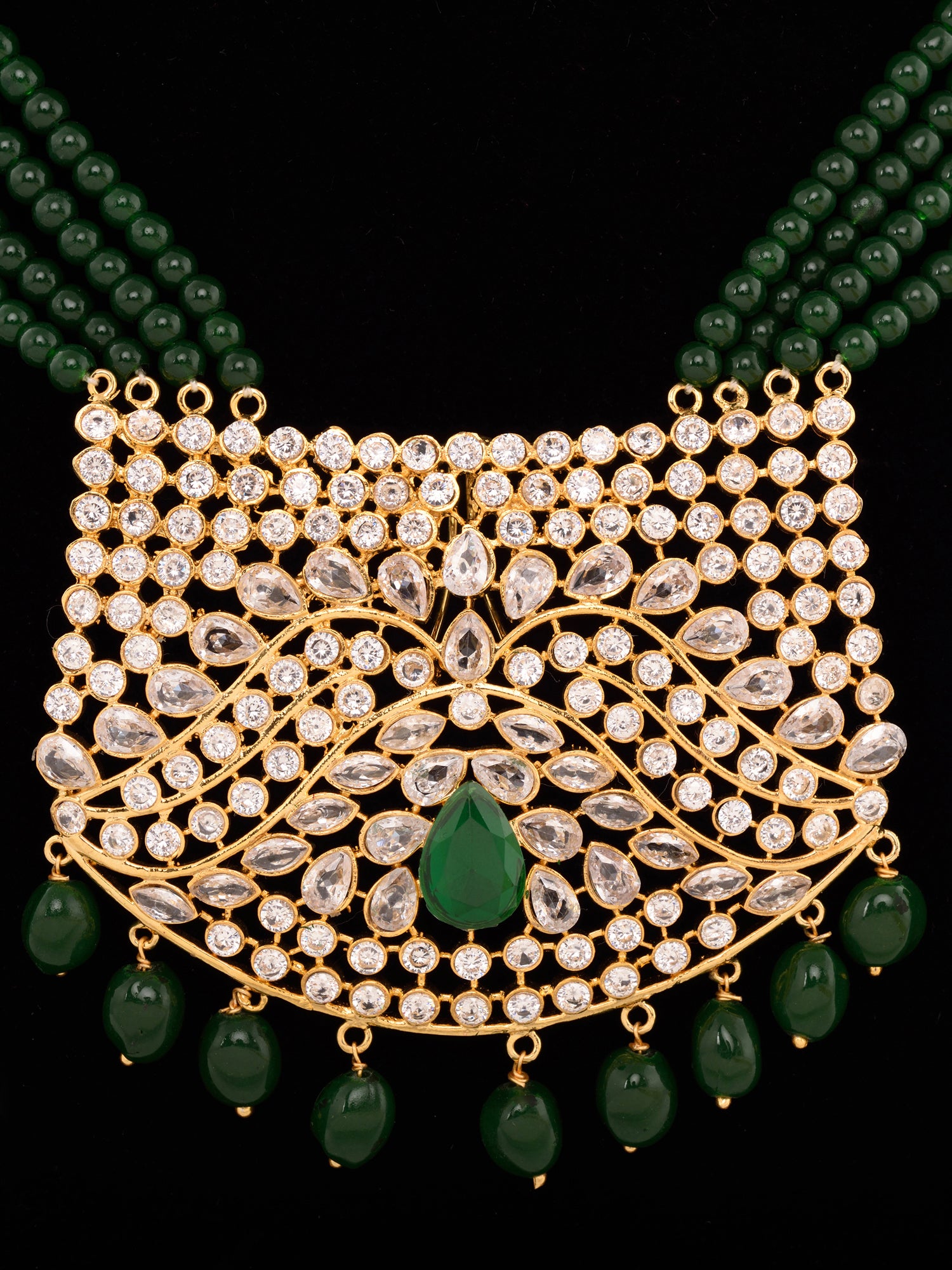 Gold Plated White Polki Green Beads Long Traditional Jewellery Set Dropdown Earrings