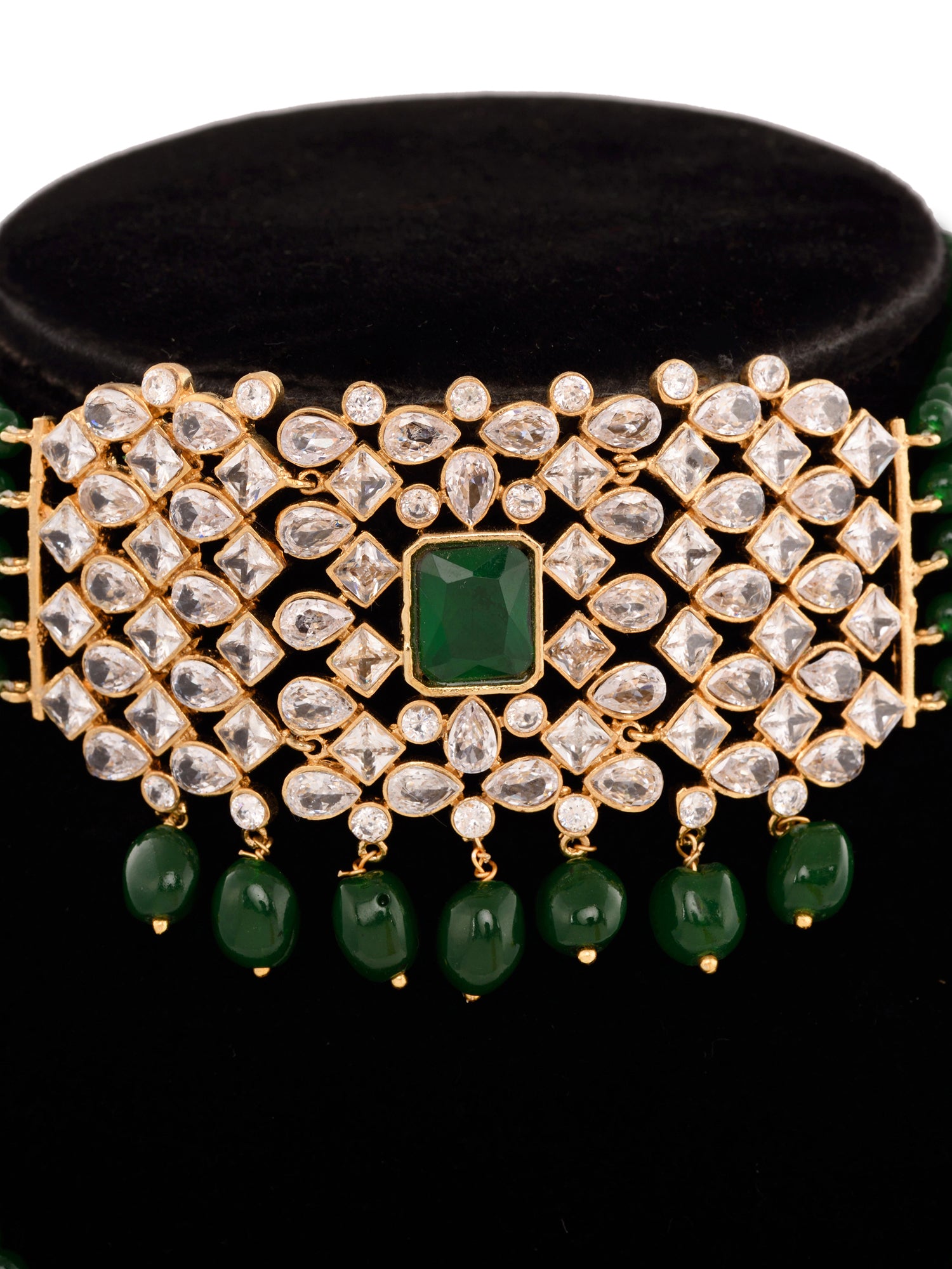 Gold Plated White Polki Green Beads Traditional Choker Jewellery Set