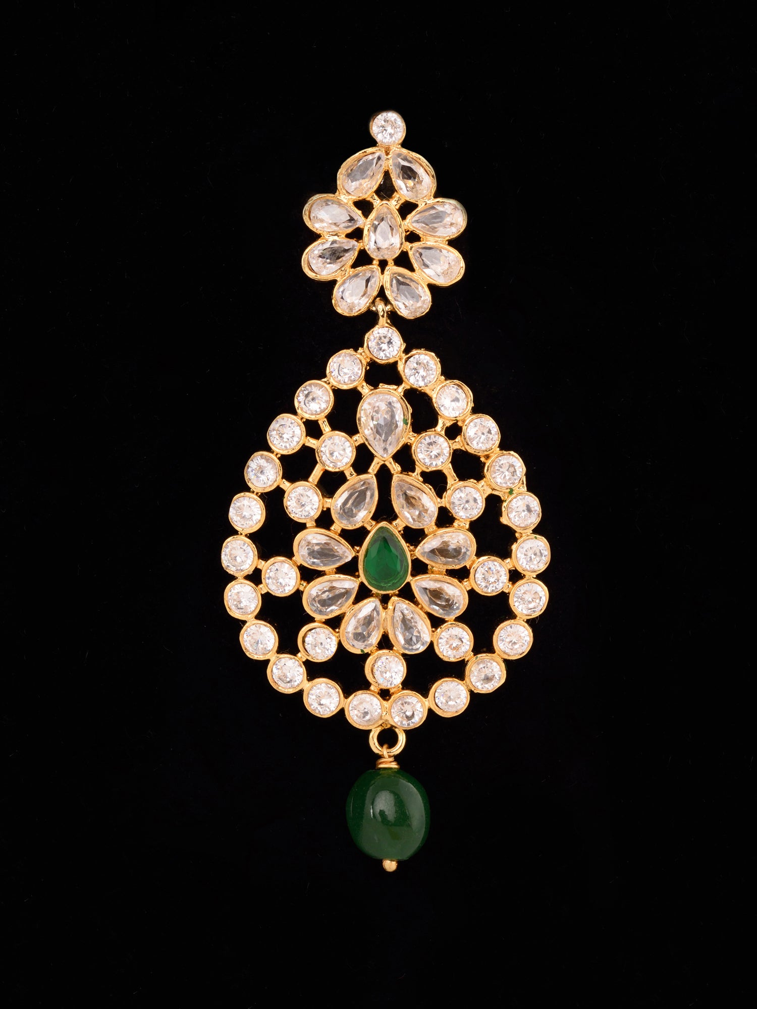 Gold Plated White Polki Green Beads Long Traditional Jewellery Set Dropdown Earrings