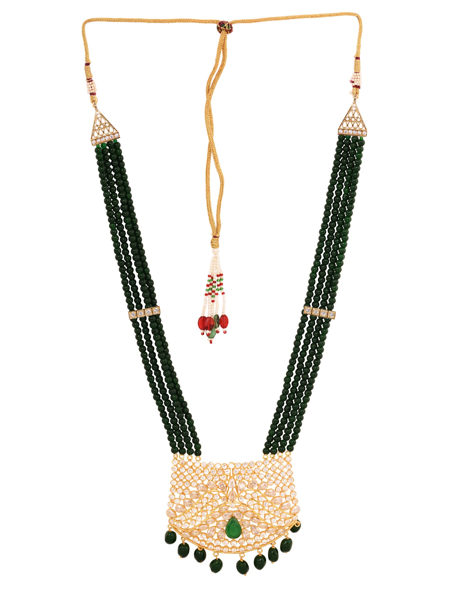 Gold Plated White Polki Green Beads Long Traditional Jewellery Set Dropdown Earrings