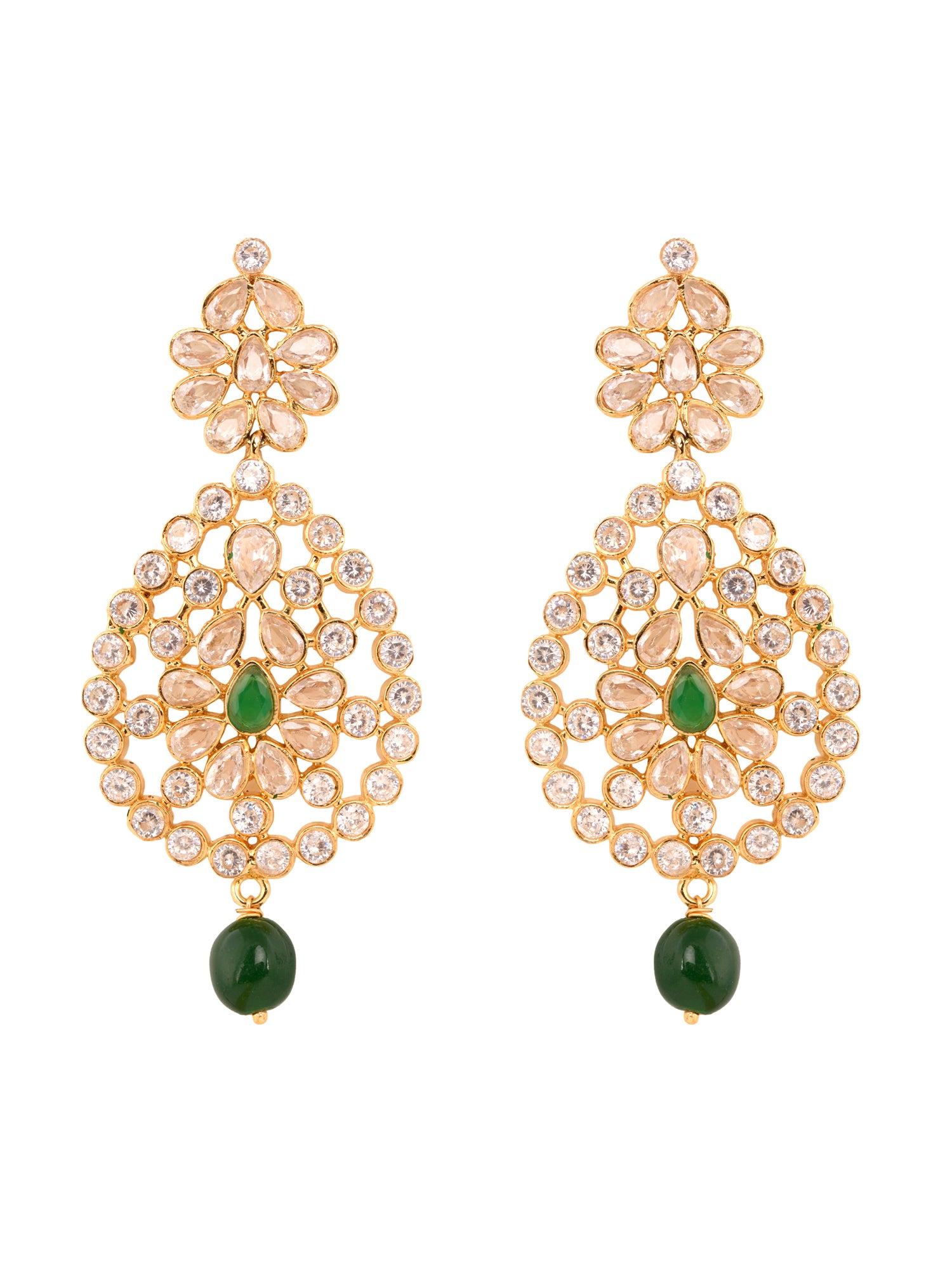 Gold Plated White Polki Green Beads Long Traditional Jewellery Set Dropdown Earrings