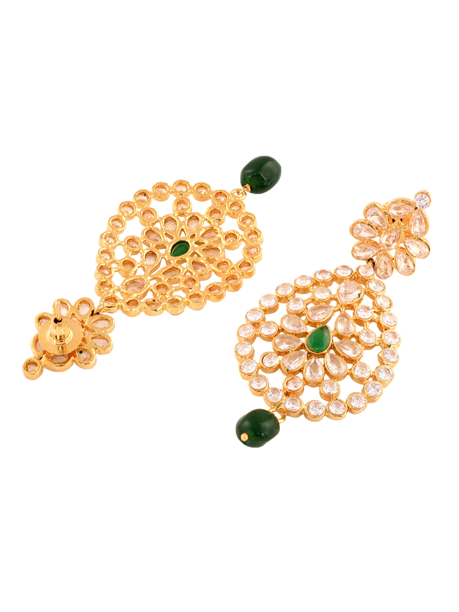 Gold Plated White Polki Green Beads Long Traditional Jewellery Set Dropdown Earrings