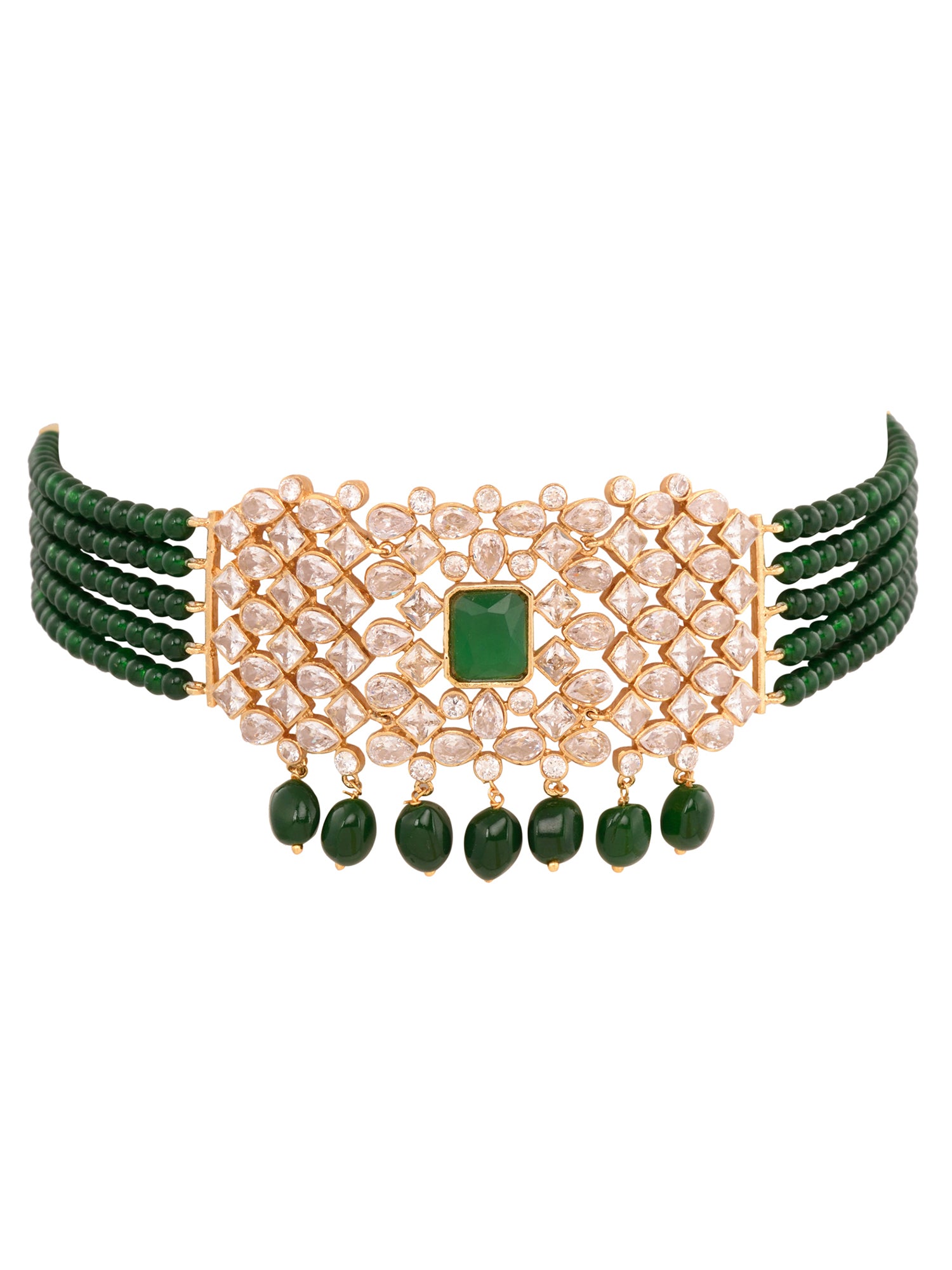 Gold Plated White Polki Green Beads Traditional Choker Jewellery Set