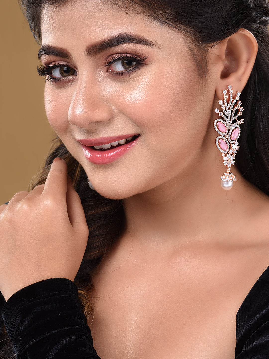 Rose Gold Plated Pink AD Studded Flowery Dropdown Earring
