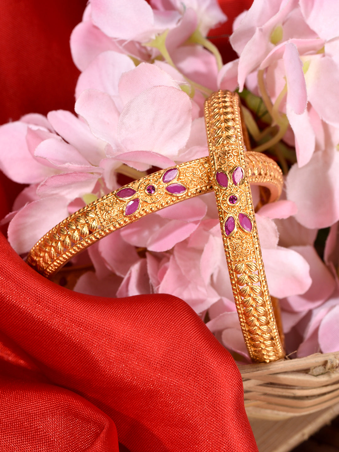 Set Of 2 Gold Plated Pink Colored Floral Filigree bangles