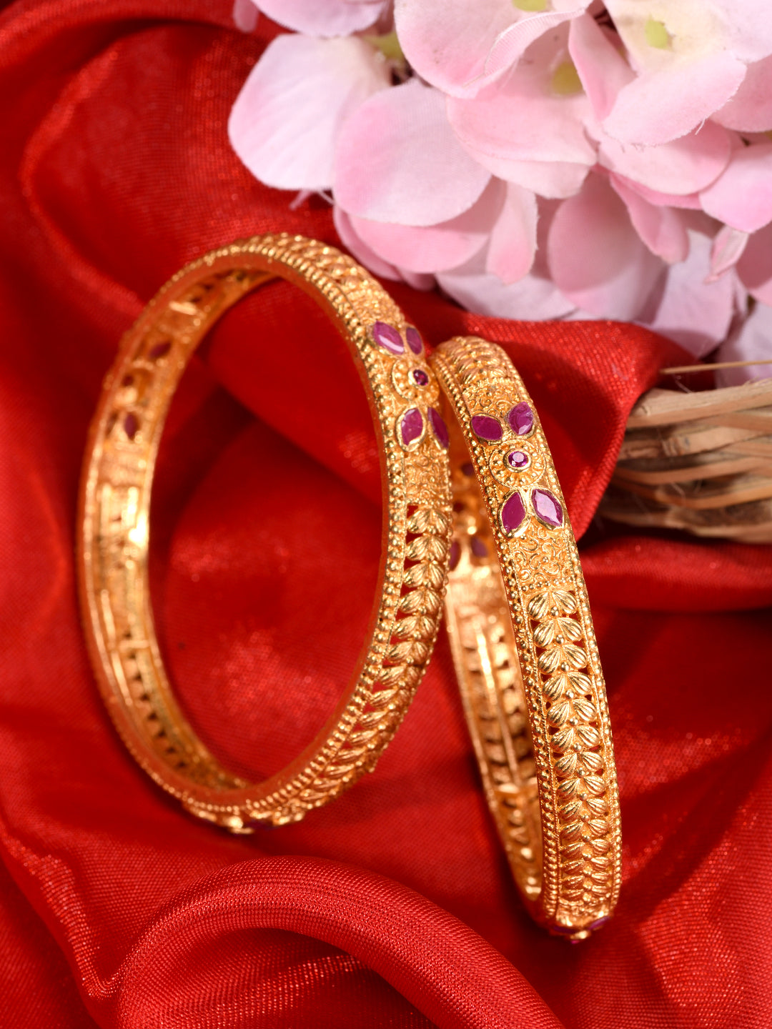Set Of 2 Gold Plated Pink Colored Floral Filigree bangles