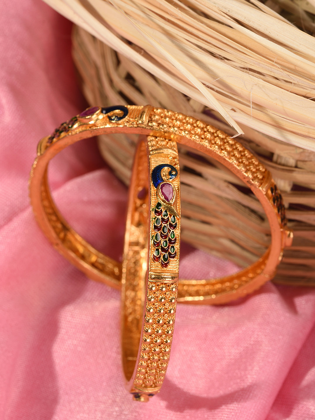 Set Of 2 Gold Plated Multicolored Peacock Design Handcrafted Bangles