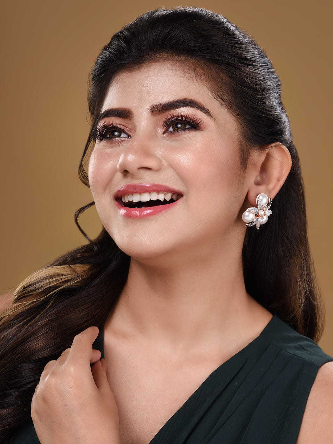 Rose Gold Plated White AD & Pearl Studded Big Studs Earrings