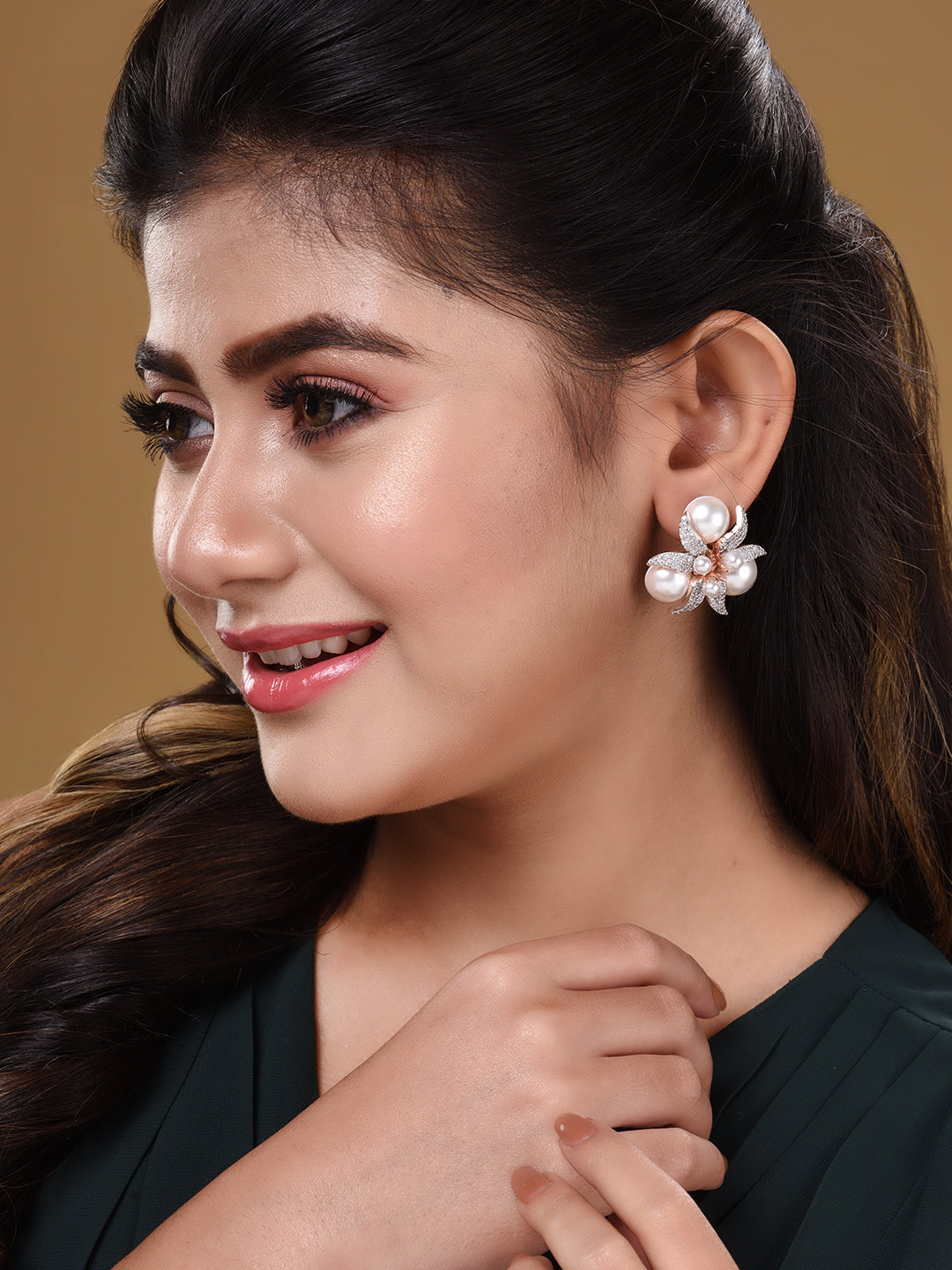 Rose Gold Plated White AD & Pearl Studded Big Studs Earrings