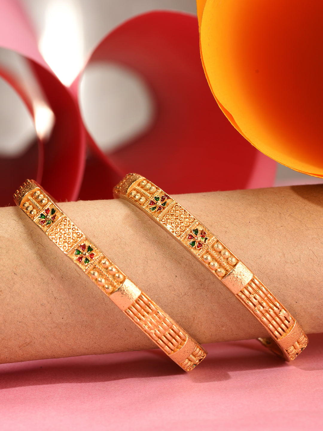 set Of 2 Gold Plated Multi colored Floral Designer Handcrafted Bangles