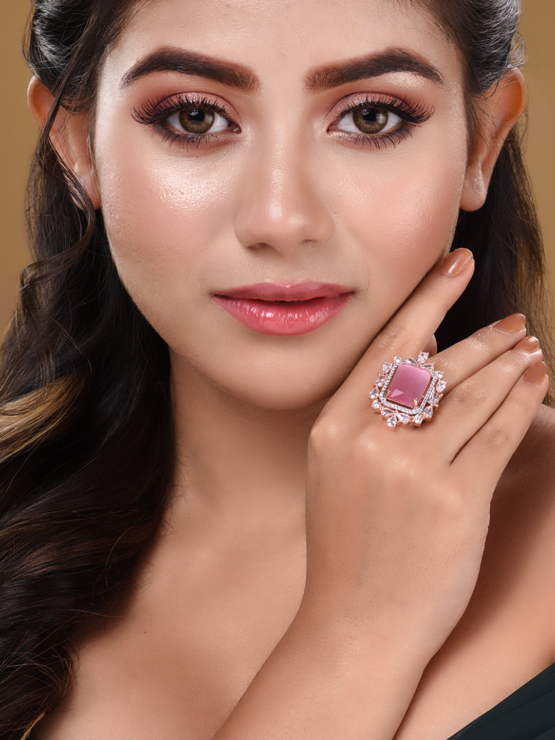 Rose Gold Plated Pink AD Studded Designer Adjustable Finger Ring