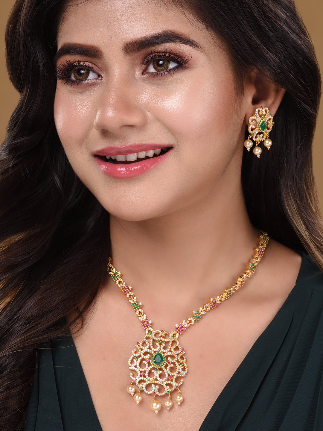 Gold Plated Traditional Multi Necklace Earrings Set