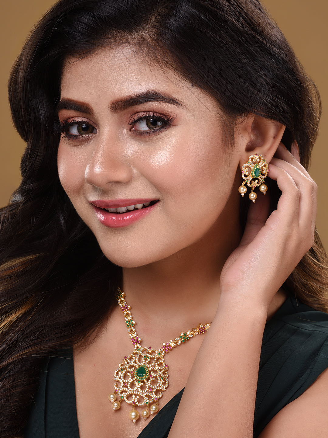 Gold Plated Traditional Multi Necklace Earrings Set