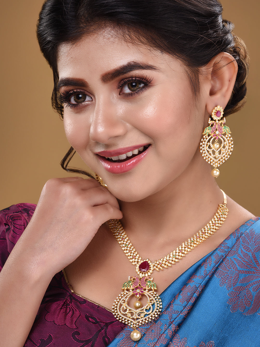 Gold Plated Big pendant style Multi AD studded Peacock design Necklace Earrings Set