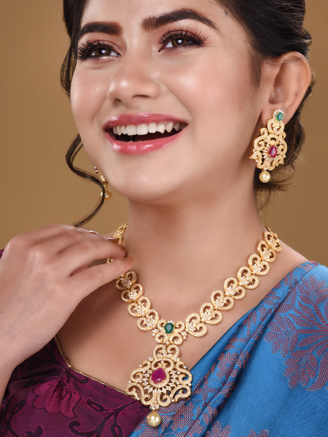 Gold Plated Multi AD Studded Hand Crafted Traditional Pendant Necklace Earrings Set