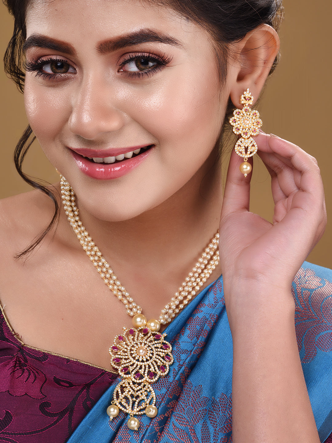 Gold Plated Red AD studded Floral Pendant Necklace Earrings Set