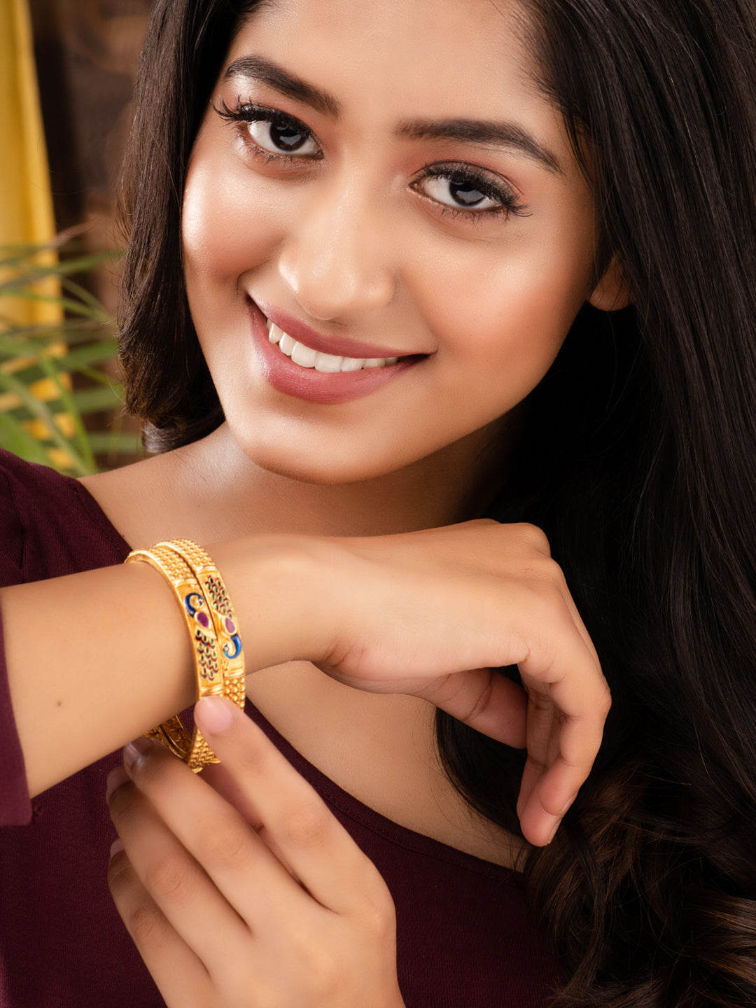 Set Of 2 Gold Plated Multicolored Peacock Design Handcrafted Bangles