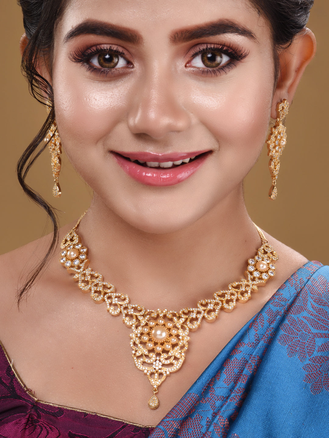 Gold Plated Designer Necklace Gold Pearl drops Earrings Set