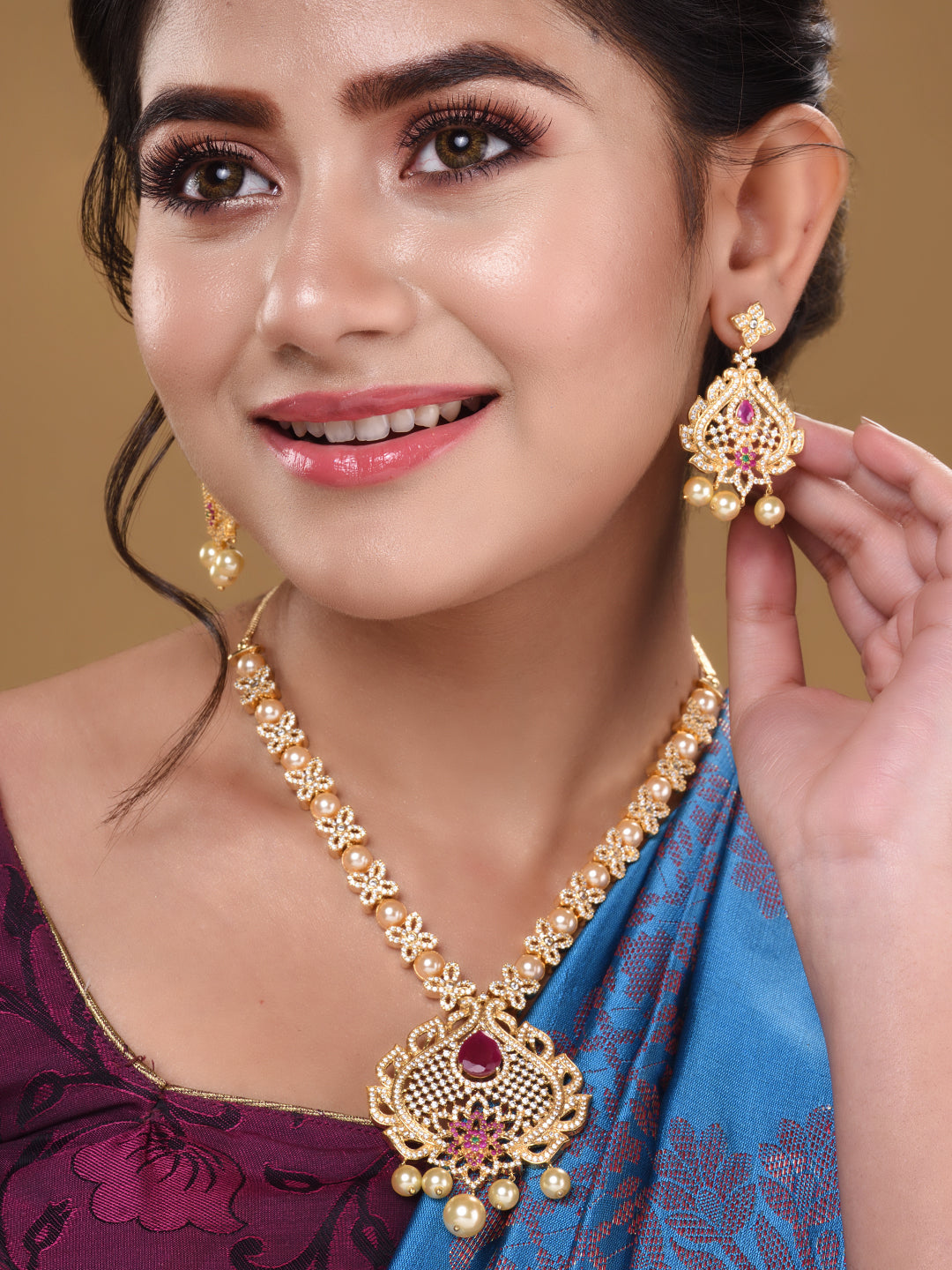 Gold Plated Red AD & Pearl studded Pendant Necklace and Earrings Set