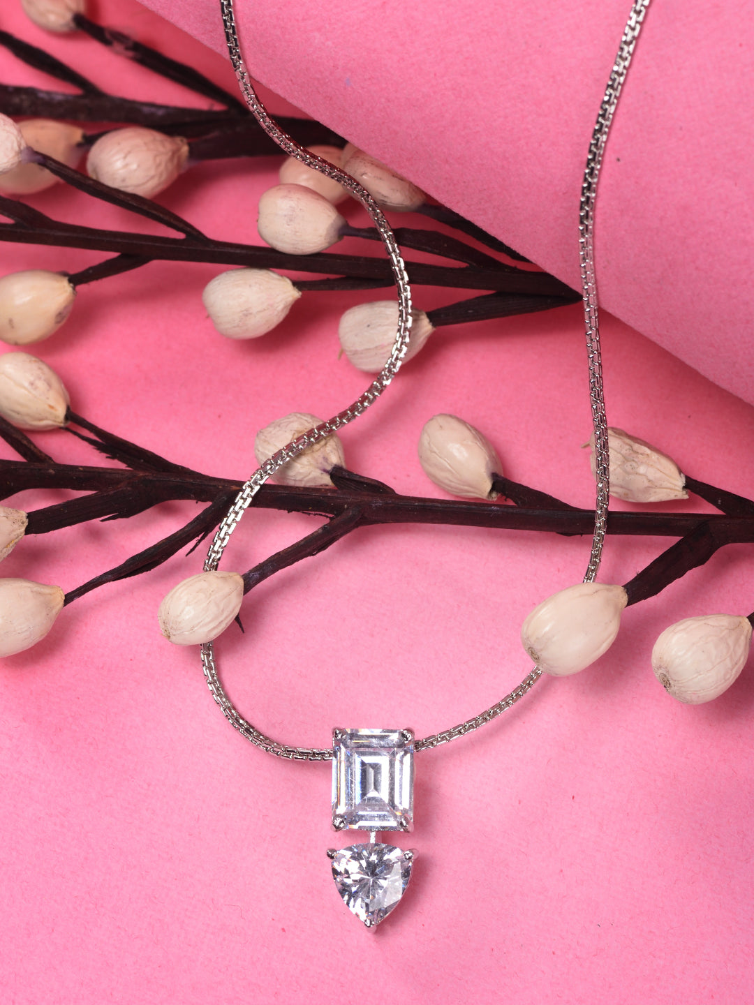 Silver Toned White Princess Cut AD Studded Solitaire Pendant Locket