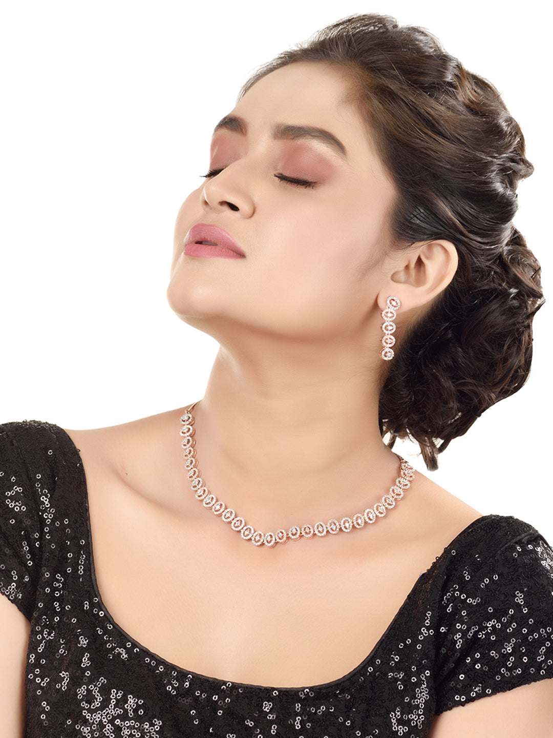 Rose Gold plated Oval shaped AD studded Necklace Earrings